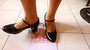 Girl stomping on paper in high heels, foot fetish, crush pictures in high heels, Marry Jane trample